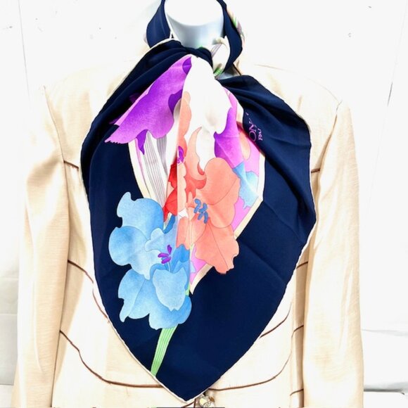 Leonard Paris 100% Silk Scarf 33" Ivery Blue pink purple green floral (79 - Picture 15 of 15